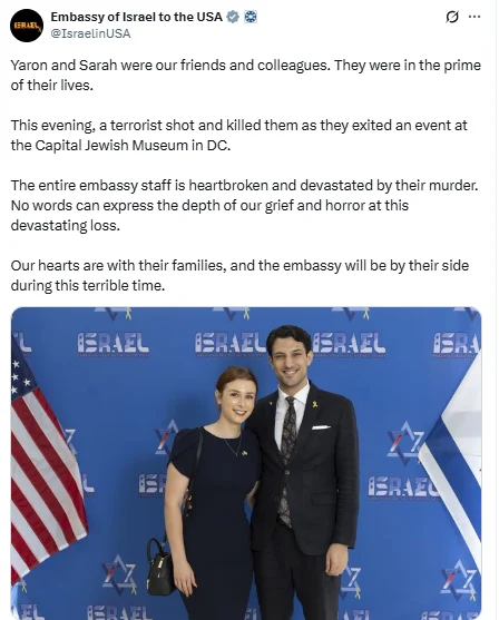 Israeli Embassy Couple Killed in U.S